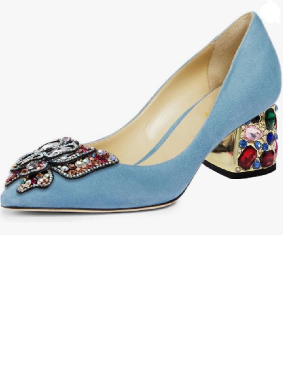 YDN Blue Suede Pointed Toe Bow Pumps Rhinestone Block Low Heel Butterfly Shoes